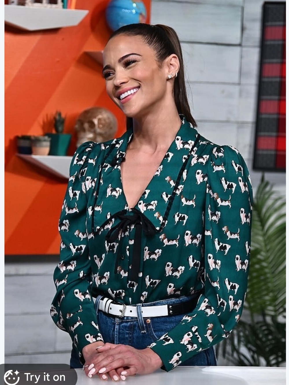 Zara Emerald Green Silky All Over Dog Print Tie-Neck Blouse